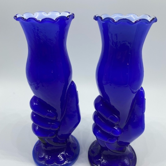 Victorian Cobalt Blue Vintage Vase Pair with Hands - Picture 5 of 5